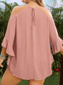 SHEIN VCAY Plus Size Women Solid Color Open Shoulder Contrast Lace Loose Casual Blouse - Baby Pink - View 2