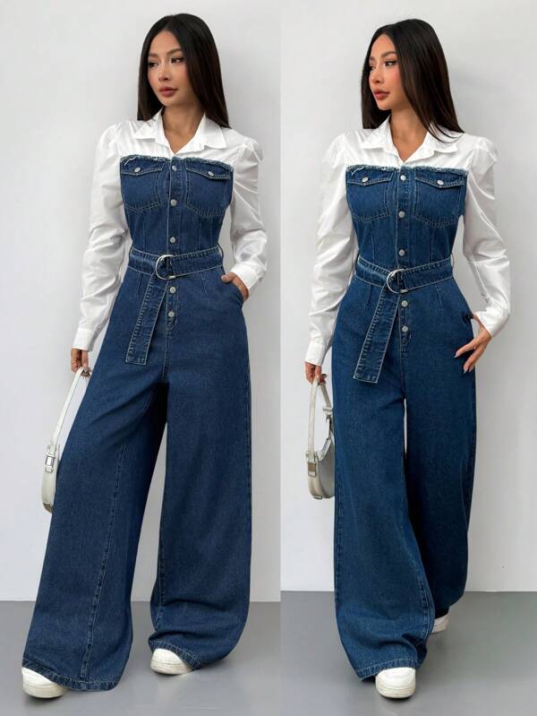 Siren Gaze Damen blauer Jumpsuit 2 in 1 Outfit, inklusive Gürtel, weite Hose, für Frühling und Sommer