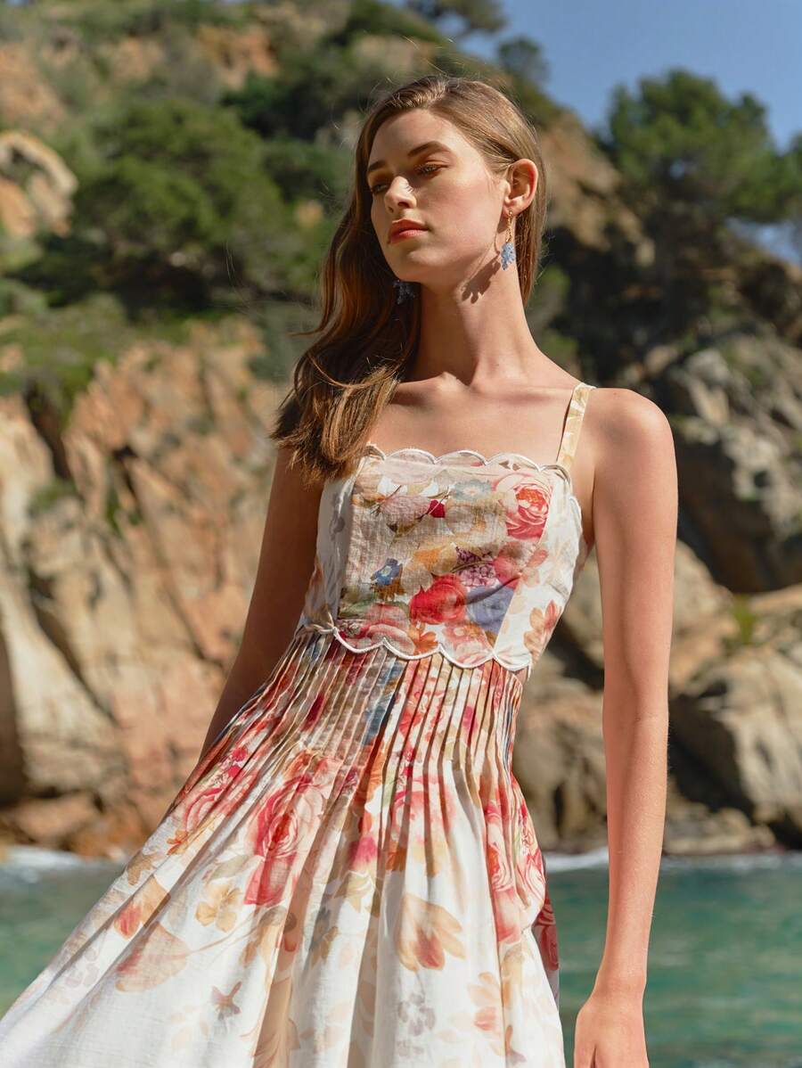 MOTF PREMIUM Vestido plisado con estampado floral y corte en la cintura