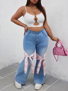 SHEIN SXY Plus Size Bow Patch Flare Jeans Summer For Women Festival Graduation Jeans - Blue - View 6