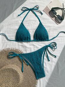 Swim Vcay Solid Color Halter Twist Bikini Two Pieces Swimwear, Suitable For Summer - Blue - View 1