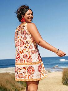 Travachic Plus Size Full Print Summer Casual Sleeveless Halter Dress - Pink - View 2