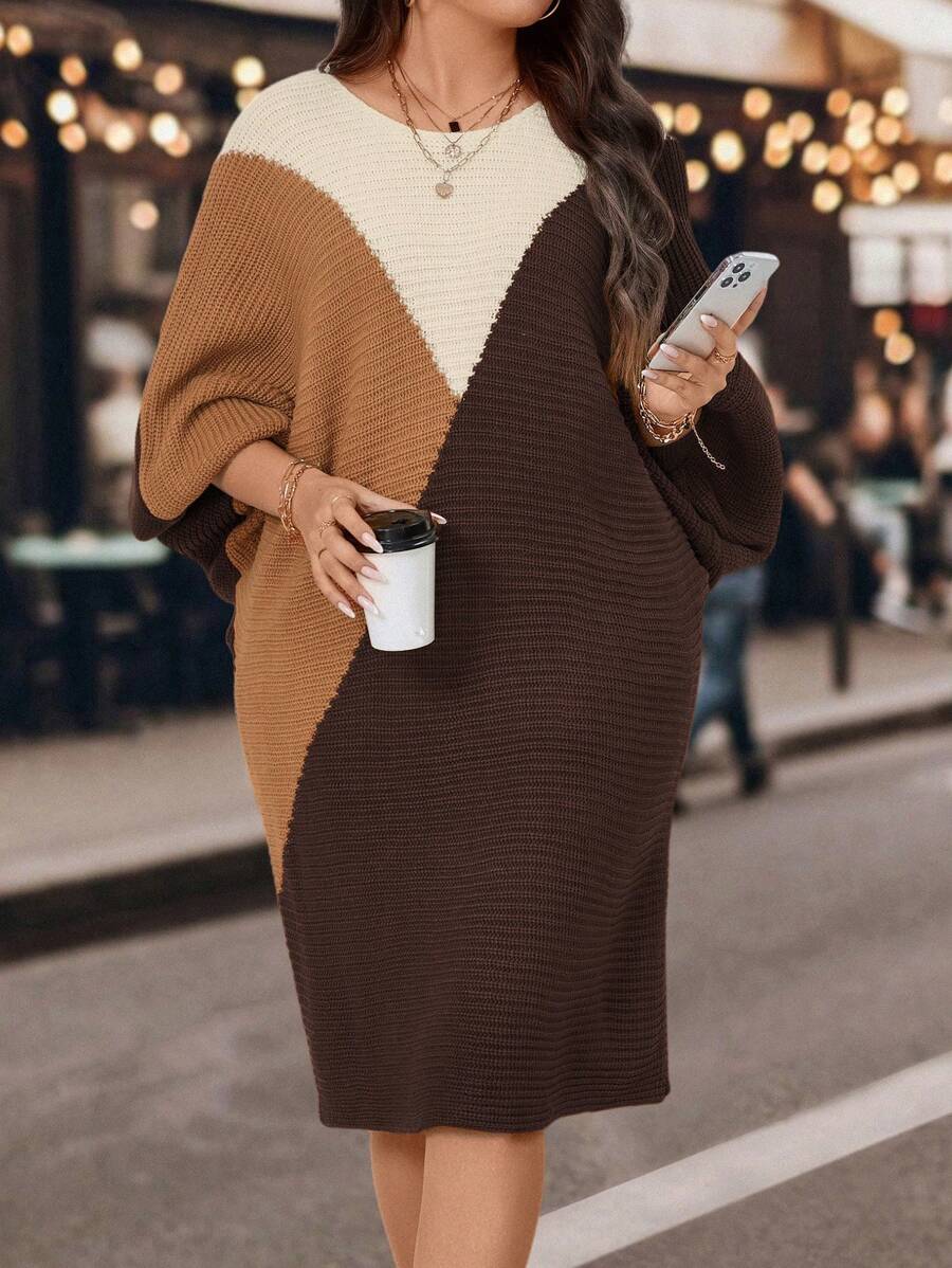 Calvaya Váy len tay cánh dơi phối màu Plus, cho mùa đông - Nhiều màu - Xem 1