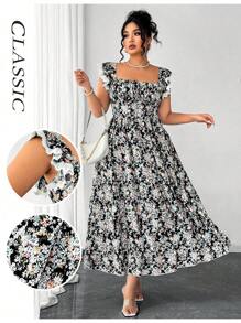 SHEIN Clasi Kleid in Große Größen mit V-Ausschnitt, geraffter Taille, ausgestelltem Saum und Spitzen-Schulterdetails, kleines Blumenmuster, geeignet für Urlaub, Ausflüge, Partys, Dates - Verschiedenfarbig - Übersicht 3