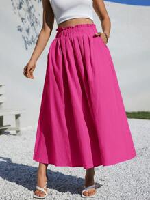 SHEIN Essnce Summer Women Clothes Casual A-Line Linen Midi Skirt For Summer Fits Beach High Waist Baggy - Hot Pink - View 3