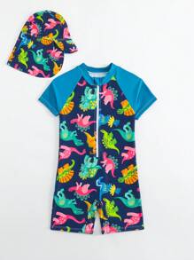 Traje de baño infantil de una pieza con cierre y estampado de dinosaurio de dibujos animados para niños pequeños, incluyendo gorro (Set de 2 piezas para niños pequeños - Traje de baño para jóvenes, ropa de natación para niños)