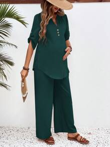 SHEIN 孕妇休闲宽松两件套 - 墨綠色 - 查看 6