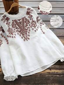 Plus Size Pattern Casual Button-Down Shirt, Bohemian Holiday Top - Brown - View 1