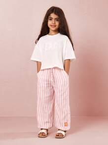 SUMWON 轻盈夏季亚麻质感阔腿裤沙滩度假休闲套穿长裤条纹宽松舒适裤