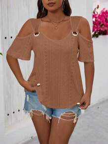 SHEIN LUNE Plus Size Metallic Decor Jacquard Cold Shoulder Top For New Year Clothes - Khaki - View 1