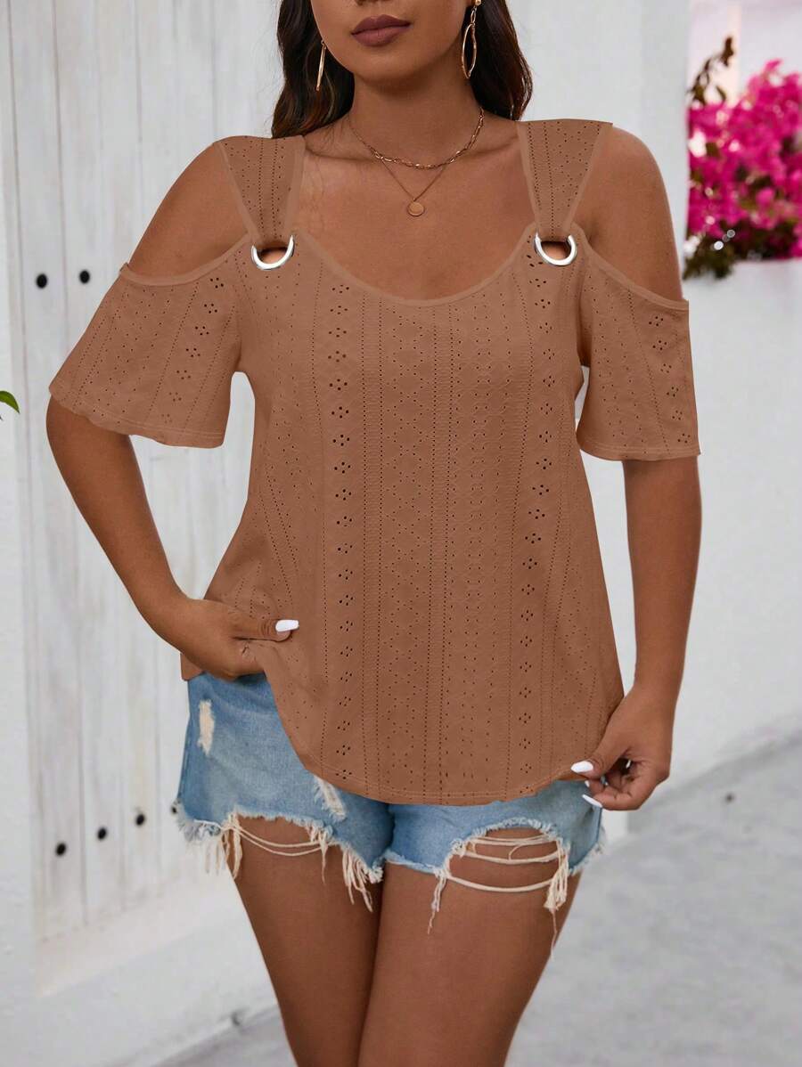 SHEIN LUNE Plus Size Metallic Decor Jacquard Cold Shoulder Top For New Year Clothes - Khaki - View 1