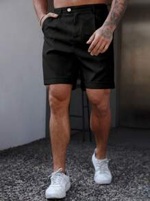 Manfinity Roughcore Men's Casual Solid Color Rolled Hem Slant Pocket Shorts, Summer Black Shorts - Black - View 3