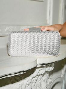 SHECARRY Túi đeo vai Clutch vàng vỏ cứng dệt cho nữ dự tiệc, tiệc tối - Bạc - Xem 4