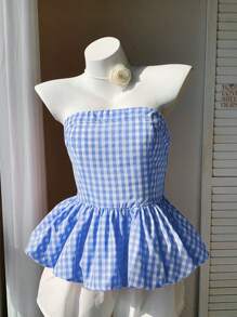 Comfortcana Women's Summer Beach Vacation Style Gingham Print Peplum Hem Tube Top - Blue and White - View 4