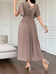 DAZY Women's Solid Color V-Neck Cinched Waist Ruffle Sleeve Elegant Dress, Summer