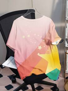 Unico X SHEIN Plus Size Cartoon & Letter Print Color Block Round Neck Short Sleeve T-Shirt, Suitable For Summer