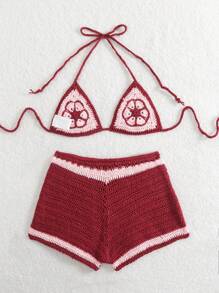 SHEIN Swim 女士花卉图案钩针和服罩衫，红色 - 紅色 - 查看 2