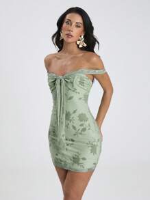 Glamine 女士性感露肩扭纹短款修身连衣裙，激光剪裁细节 - 薄荷綠 - 查看 5