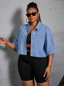 SHEIN SXY 女式大码牛仔短夹克，无弹力 - 淺色水洗藍 - 查看 6