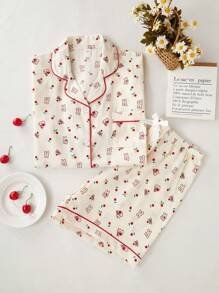 2 Pieces Cherry Print Cute & Sweet Relaxed Outfit Set For Teens, Short Sleeve Top And Shorts, Spring/Summer Homewear - Apricot - View 2