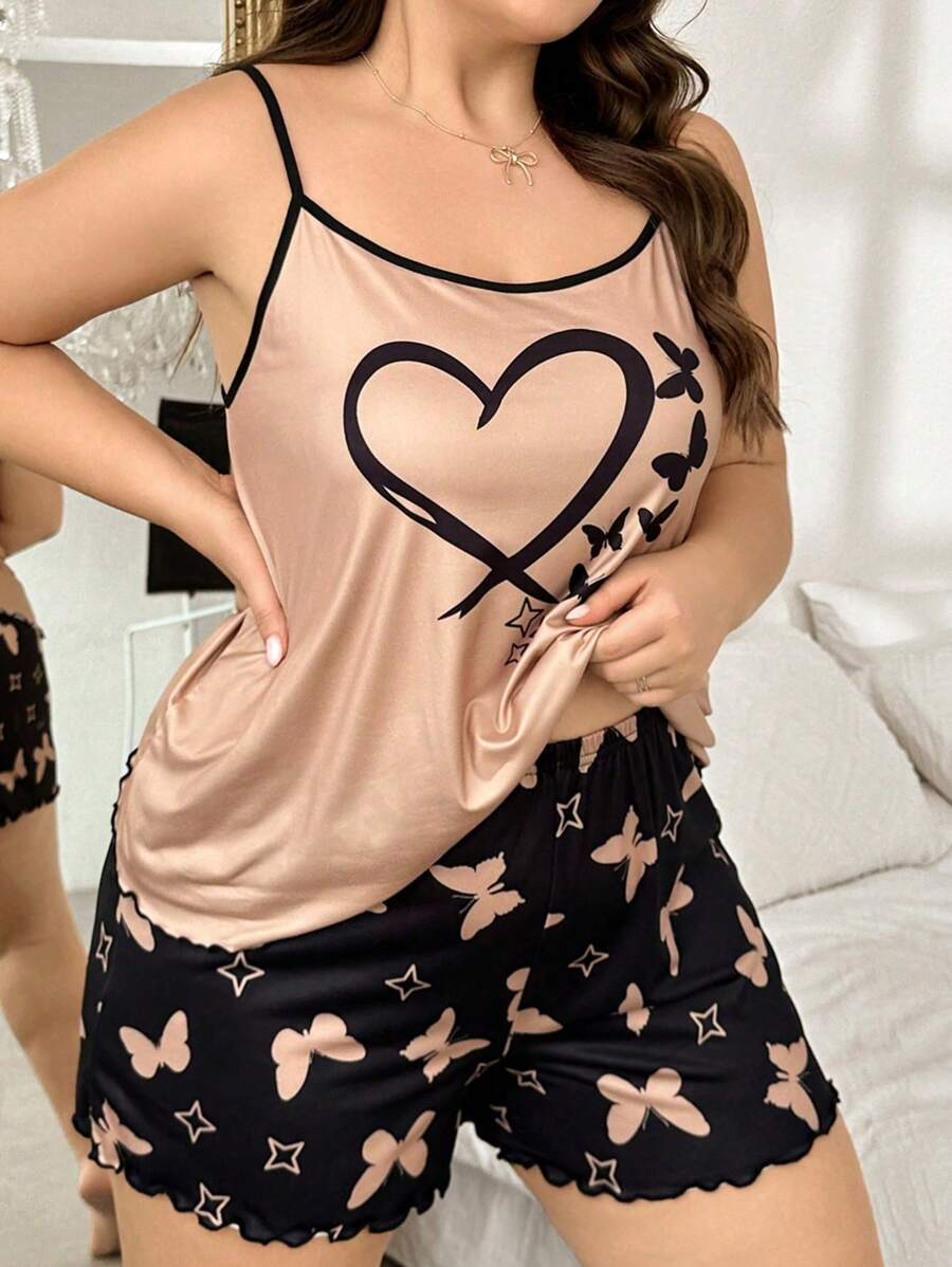 蝴蝶心形印花大码吊带背心和短裤睡衣套装