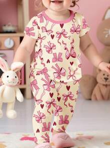 SHEIN 女婴休闲简约舒适圆领短袖上衣和紧身裤套装，适合夏季 - 彩色 - 查看 4