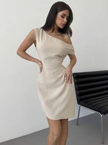 Firerie Elegante vestito color albicocca in lino, con colletto drappeggiato asimmetrico, vita segnata, orlo asimmetrico, adatto per andare in ufficio, vacanze, ritorno a scuola, matrimoni