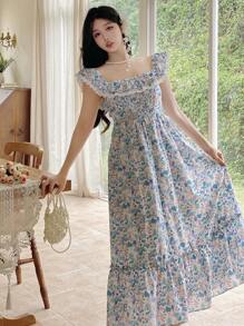 DAZY Women's Mid-Length Lace Trim Cap Sleeve Summer Dress, Suitable For Valentine's Day Vacation Outfits Women Floral - Blue - View 5