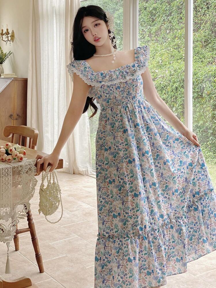 Women's Mid-Length Lace Trim Cap Sleeve Summer Dress, Suitable For Valentine's Day Vacation Outfits Women Floral Boho