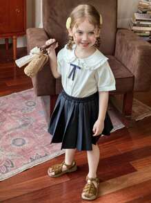 DAZY 2 Stück Mädchen Lässig Set mit Kragenshirt mit Schleifen-Dekor und plissiertem Rock, Mädchen Sommer Outfits