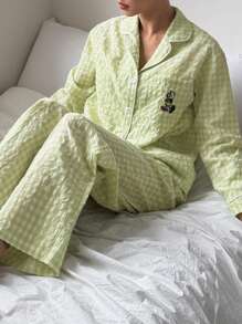 DAZY 2pcs Women Plaid Embroidery Pattern Long Sleeve Pajama Set - Mint Green - View 5