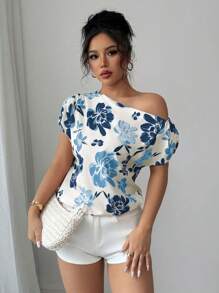 Elenzga 女式印花露肩休闲度假衬衫 - 藏蓝色 - 查看 1