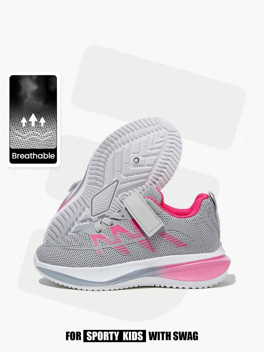 JNSQ Fashion Casual All-Match Versatile Comfortable Soft Sole Breathable Blocking Pink-Grey Girls Children Running Shoes, Back To School Season - Grey - View 1