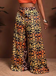 Slaydiva Women Plus Size Loose Printed Wide Leg Pants, Suitable For Music Festival, Easter, Western, Boho, Nashville, Birthday Party, Graduation, Student, Daily Casual, Leisure, Vacation, Cruise, Beach, Sunbathing, Relaxing Holiday,Summer Pants - Multicolor - View 5