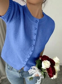 Chiquease New Casual Loose Pink Minimalist Buttoned Knit Pullover Sweater, Women Short Sleeve - Navy Blue - View 7