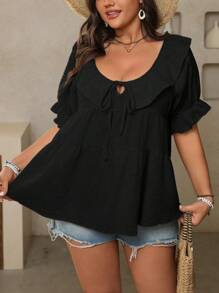 SHEIN LUNE Áo cánh tay ngắn màu trơn cổ bèo nhún cotton cỡ lớn cho nữ, thắt eo, quần áo mùa xuân/hè - màu đen - Xem 4