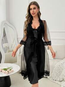 SilkySpell 优雅法式浪漫蕾丝女士吊带裙和夹克睡衣套装 - 黑色 - 查看 6