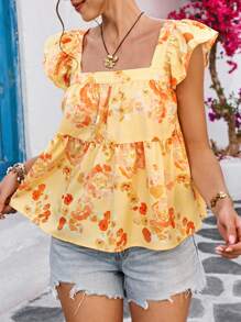 Vivid Eden 女士度假梭织印花飞机图案宽松衬衫 - 黃色 - 查看 7