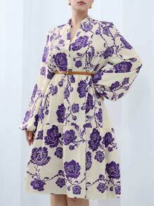 Aveloria Modichic Casual Loose Floral Print Shirt Style Long Sleeve Plus Size Dress