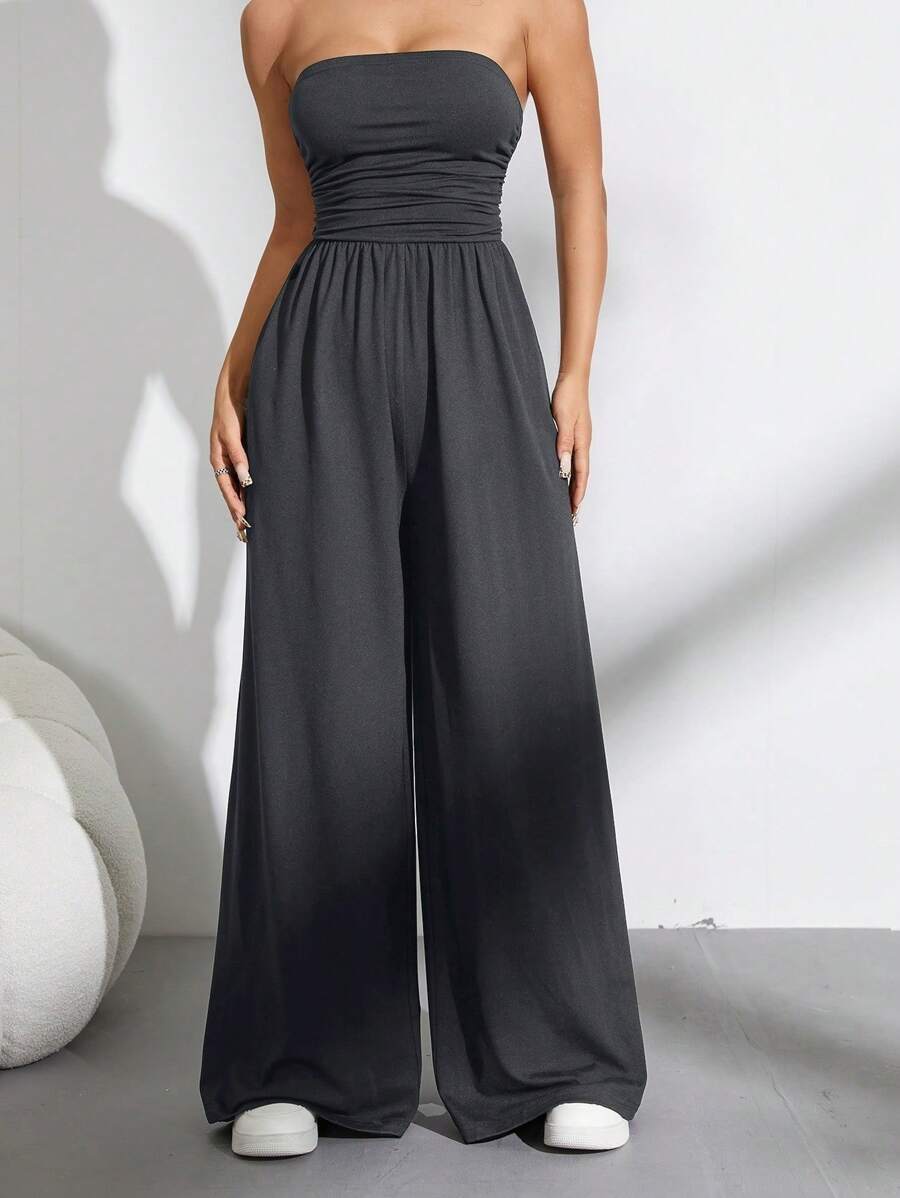 SHEIN Unity Women's Solid Color Wide Leg Casual Tube Top Pleated Loose Jumpsuit - Grey - View 1