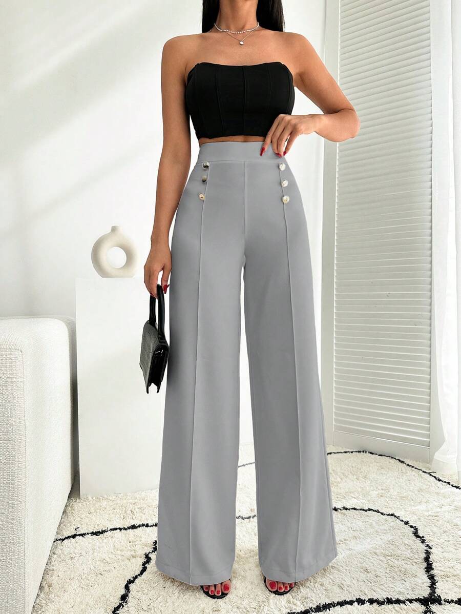 RueChic White Wide Leg Pallazzo Pant With Button Detail - Light Grey - View 1