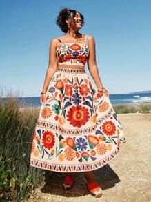 Travachic 1 套大码休闲彩色花卉印花背心和图案中裙