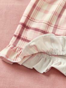 两件套阻燃女童荷叶边格子吊带背心和短裤睡衣套装 - 淺粉色 - 查看 6