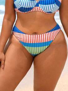 Swim SPRTY Plus Size Women's Random Striped Print Beach Vacation Bikini Bottom For Summer - Multicolor - View 4