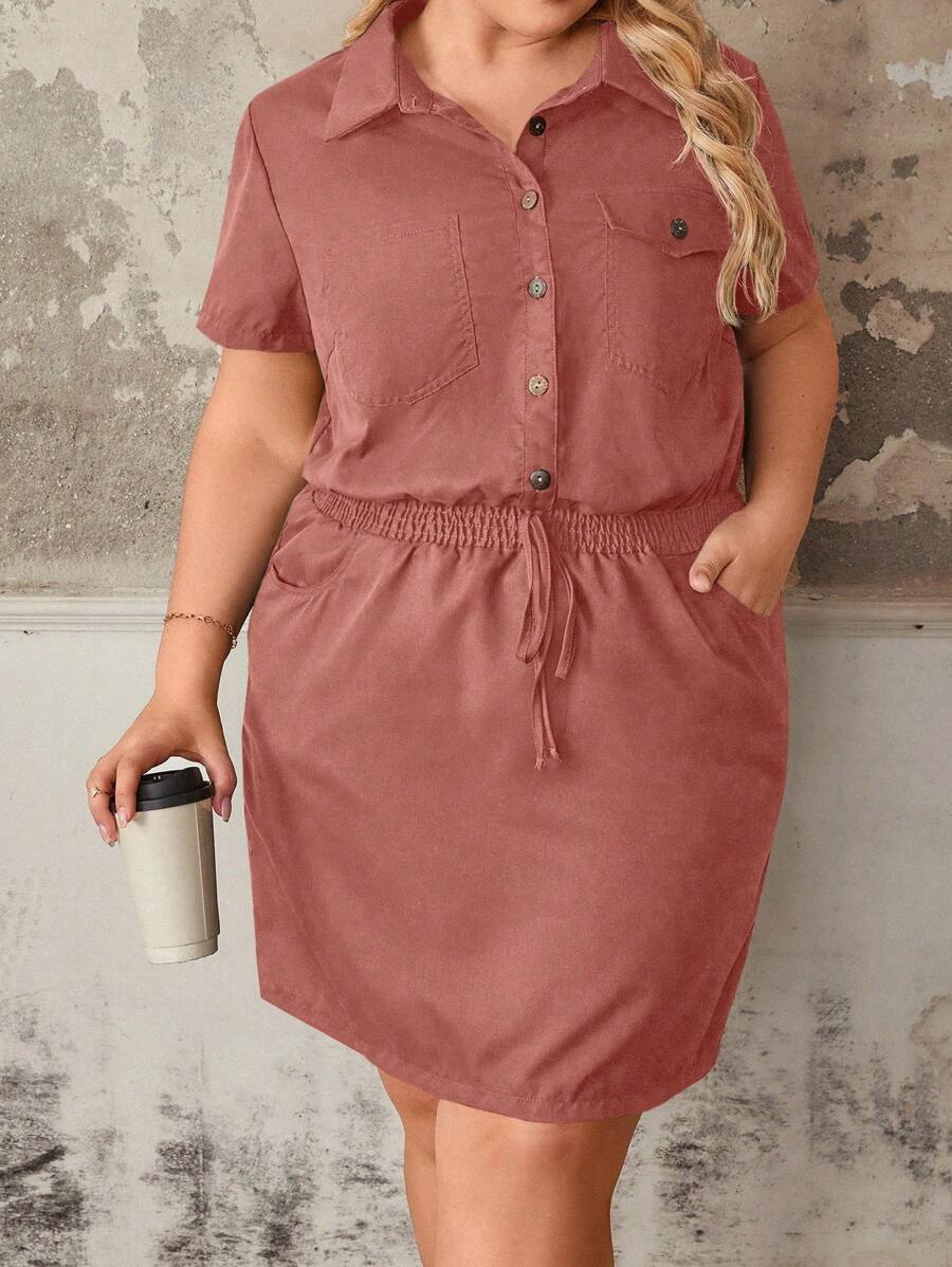 Breezaya Áo sơ mi xanh quân đội cỡ lớn cho nữ xuân/hè, váy ngắn chữ A cạp chun, váy ngắn tay hở cổ nửa thường ngày/công sở - Bụi hồng - Xem 1