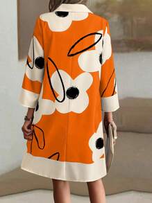 Omancia Random Floral Print Loose Fit Women V-Neck 3/4 Sleeve Midi Dress - Multicolor - View 2