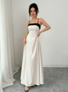 Elenzga Vestido camisero maxi de mujer con cintura fruncida y contraste de colores - Albaricoque - Ver 4