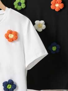 2 Pieces Girls Casual Loose Round Neck Solid Color Short Sleeve T-Shirt With Floral Decor, Summer New Versatile Classic Style,Holiday,Summer,Travel - Multicolor - View 3