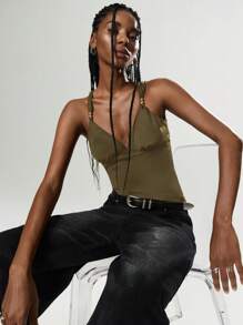 Easelle Olive Green Knit Women's Tight Fit Camisole, Fashionable For Summer - Army Green - View 4