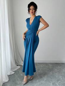 Rafferiza Elegant V-Neck Solid Color Fitted Midi Dress For Women